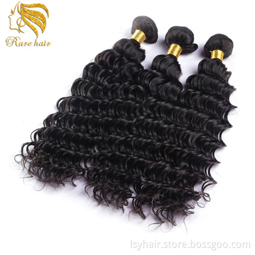 Factory price deep wave virgin human brazilian hair weave 3 bundles with lace frontal